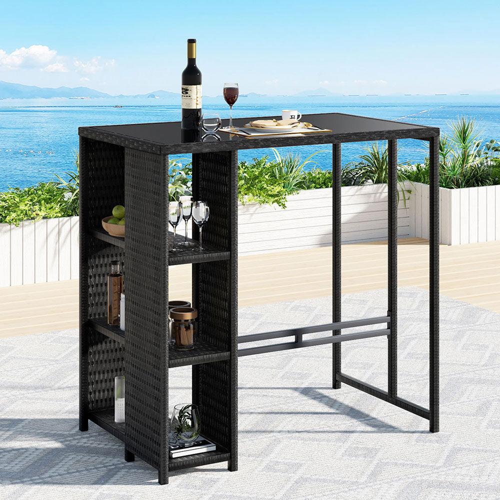 Gardeon Outdoor Bar Table Wicker Dining Bistro Glass Desk Steel Patio Furniture Black - TRENDZ