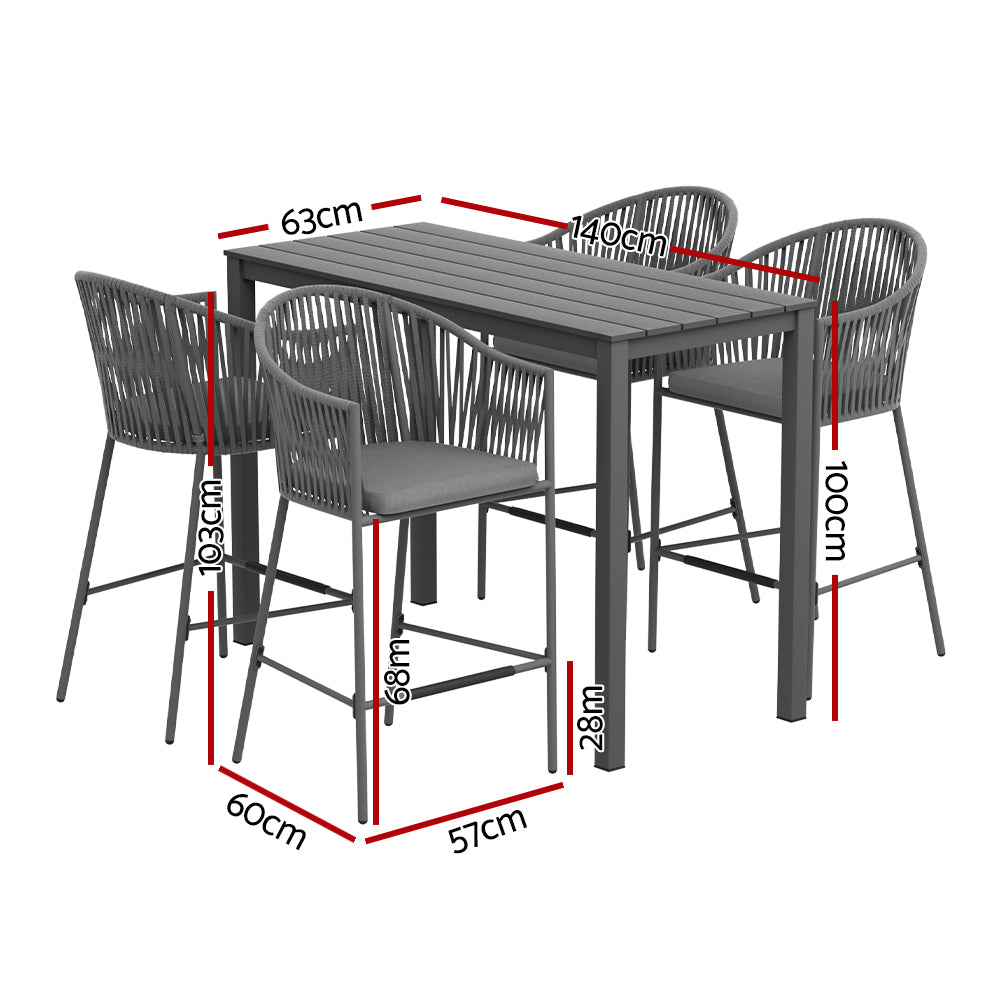 Gardeon 5-Piece Outdoor Bar Set Dining Table Rope Chair Patio Bistro Set - TRENDZ