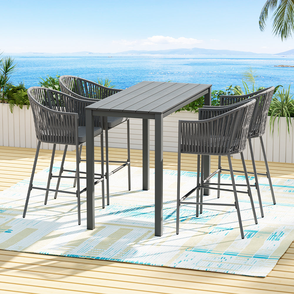Gardeon 5-Piece Outdoor Bar Set Dining Table Rope Chair Patio Bistro Set - TRENDZ