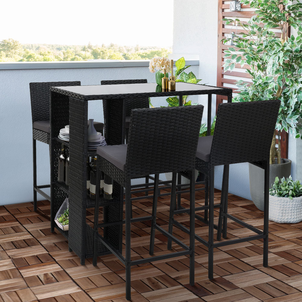 Gardeon 5-Piece Outdoor Bar Set Patio Dining Chairs Wicker Table Stools - TRENDZ