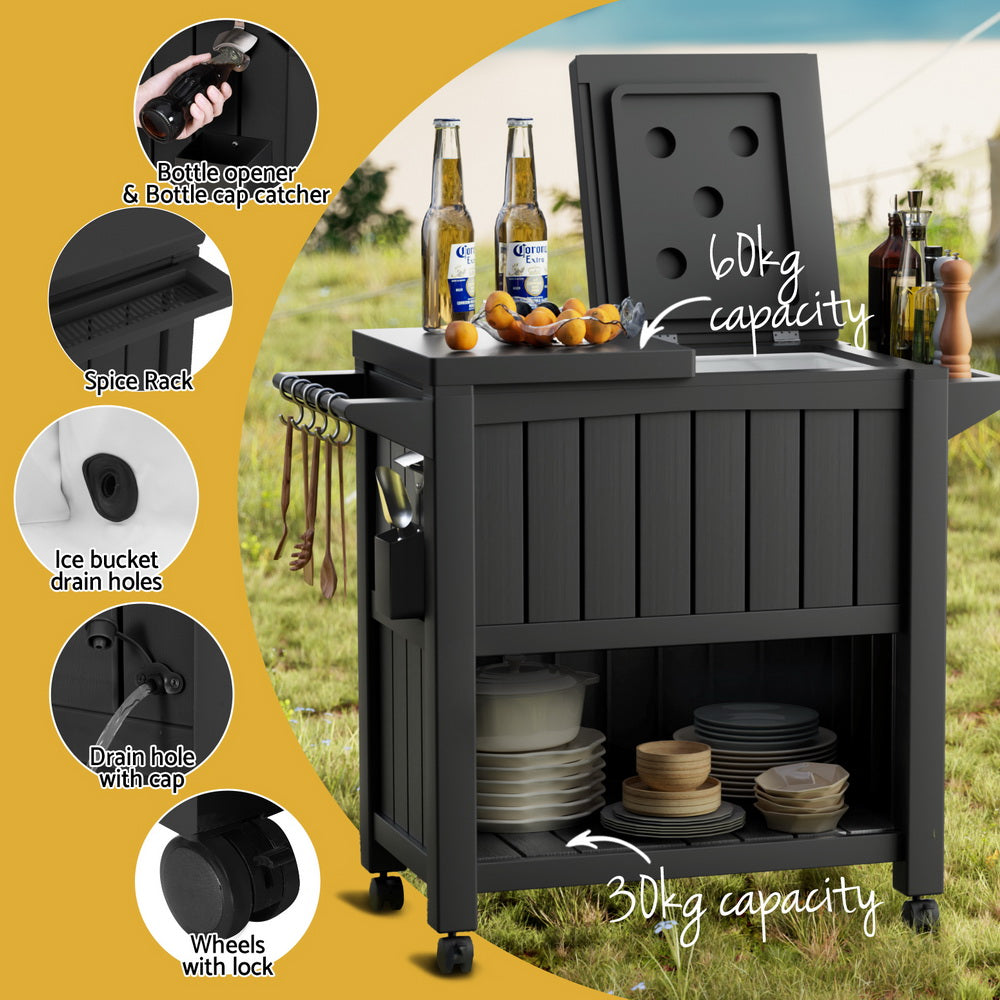 Gardeon Outdoor Storage Cabinet Box 80L Ice Bucket Cooler Rolling Serving Cart Kitchen Trolley - TRENDZ