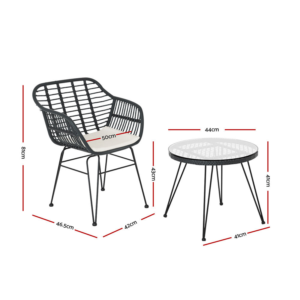 Gardeon 3PC Outdoor Furniture Bistro Set Lounge Setting Table Chairs Cushion Patio Grey - TRENDZ