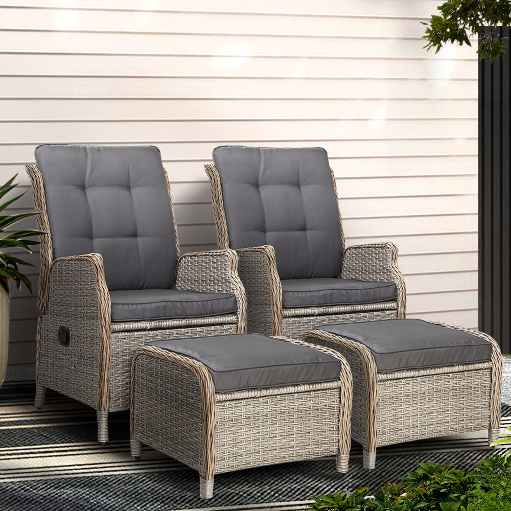 Gardeon 2PC Recliner Chair Sun lounge Wicker Lounger Outdoor Furniture Adjustable Grey - TRENDZ