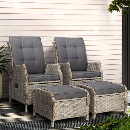 Gardeon 2PC Recliner Chair Sun lounge Wicker Lounger Outdoor Furniture Adjustable Grey - TRENDZ