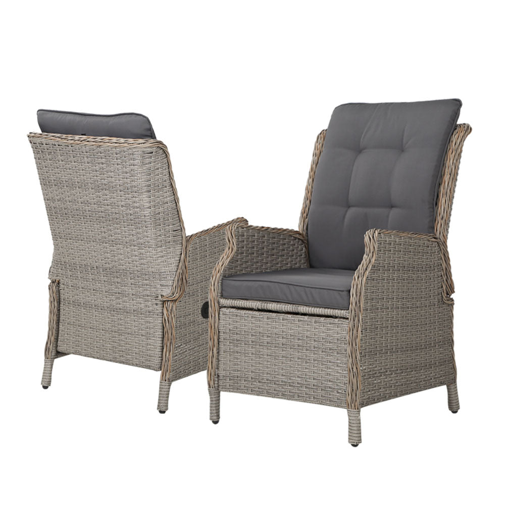 Gardeon 2PC Recliner Chair Sun lounge Wicker Lounger Outdoor Furniture Adjustable Grey - TRENDZ