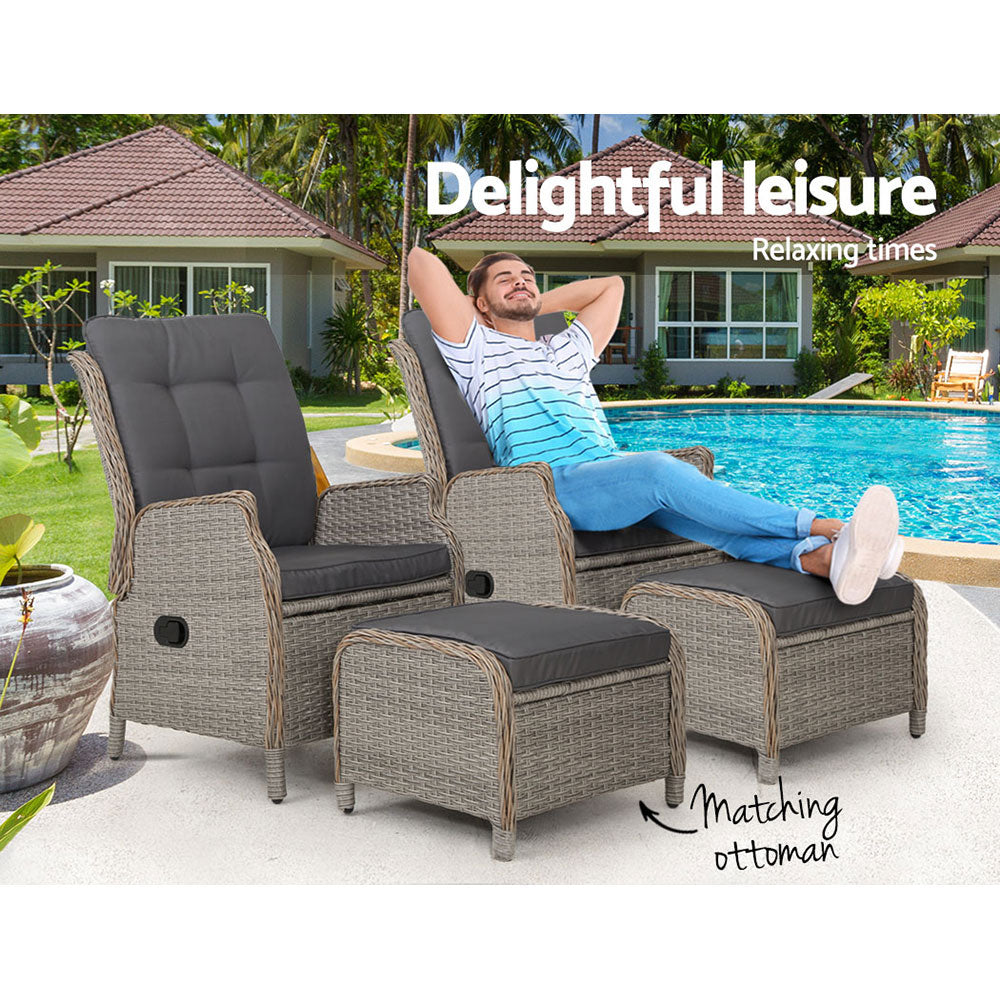 Gardeon 2PC Recliner Chair Sun lounge Wicker Lounger Outdoor Furniture Adjustable Grey - TRENDZ