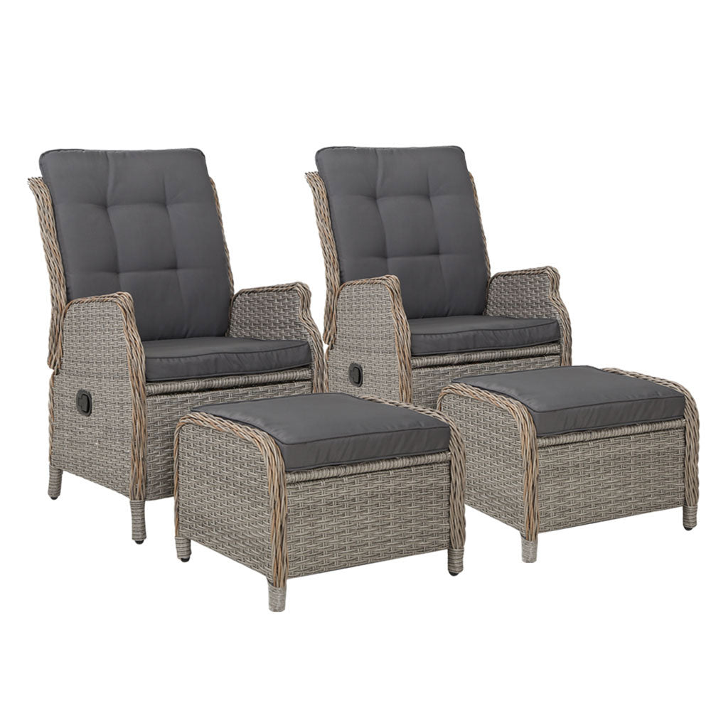 Gardeon 2PC Recliner Chair Sun lounge Wicker Lounger Outdoor Furniture Adjustable Grey - TRENDZ