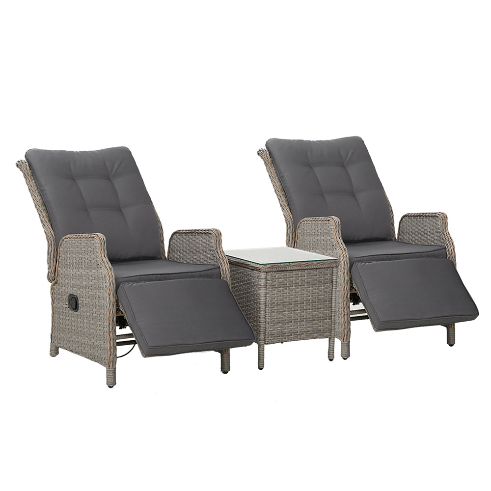 Gardeon 3PC Recliner Chairs Table Sun lounge Outdoor Furniture Wicker Adjustable Grey - TRENDZ