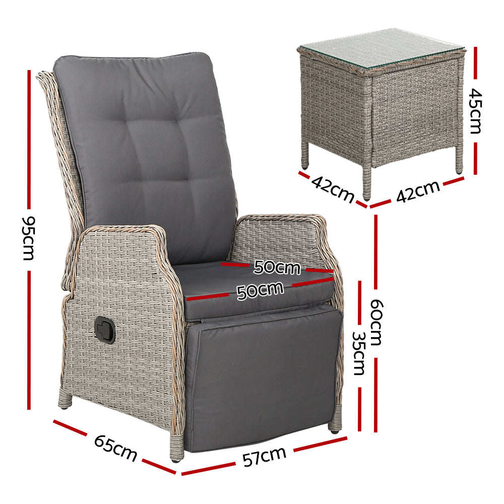 Gardeon 3PC Recliner Chairs Table Sun lounge Outdoor Furniture Wicker Adjustable Grey - TRENDZ