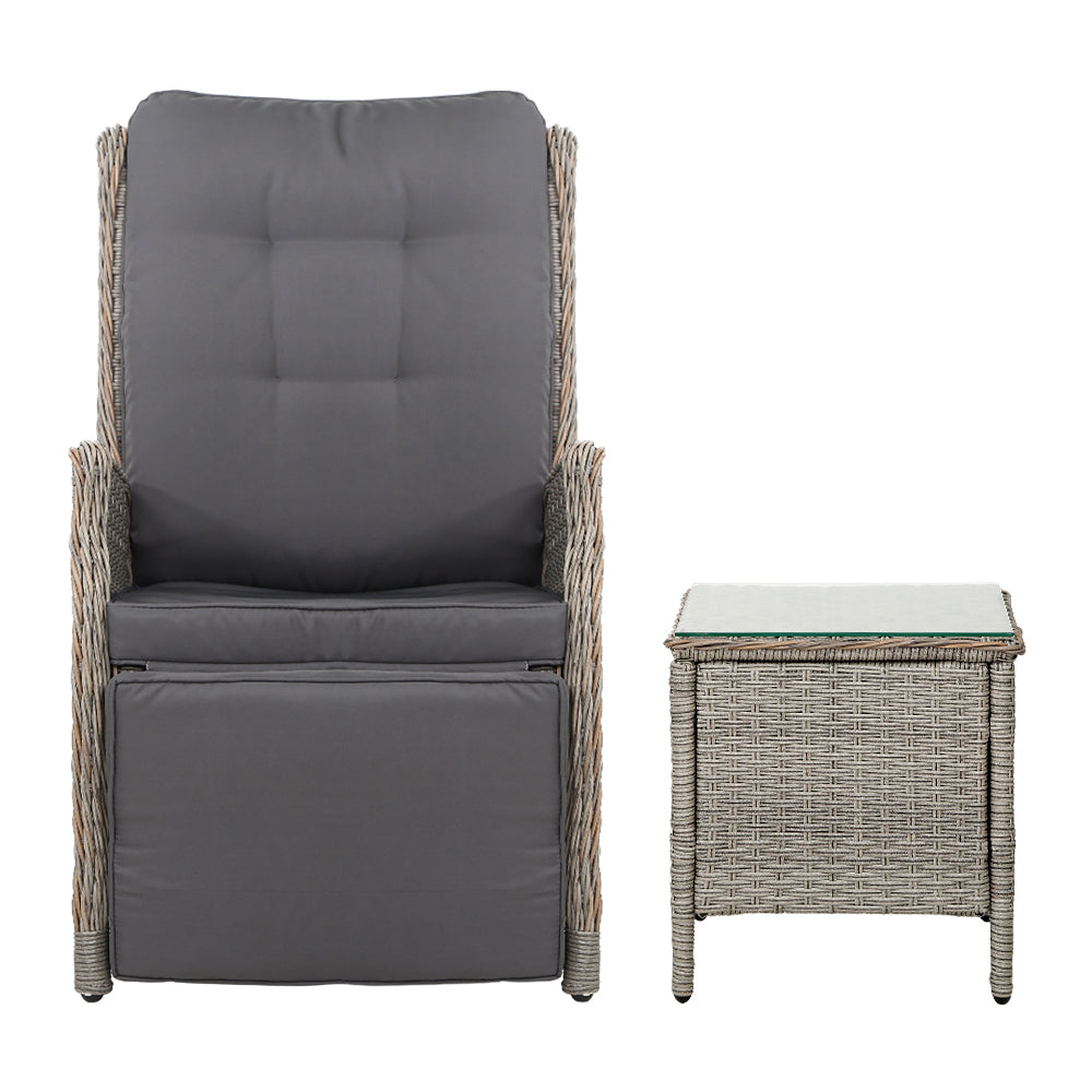 Gardeon 3PC Recliner Chairs Table Sun lounge Outdoor Furniture Wicker Adjustable Grey - TRENDZ