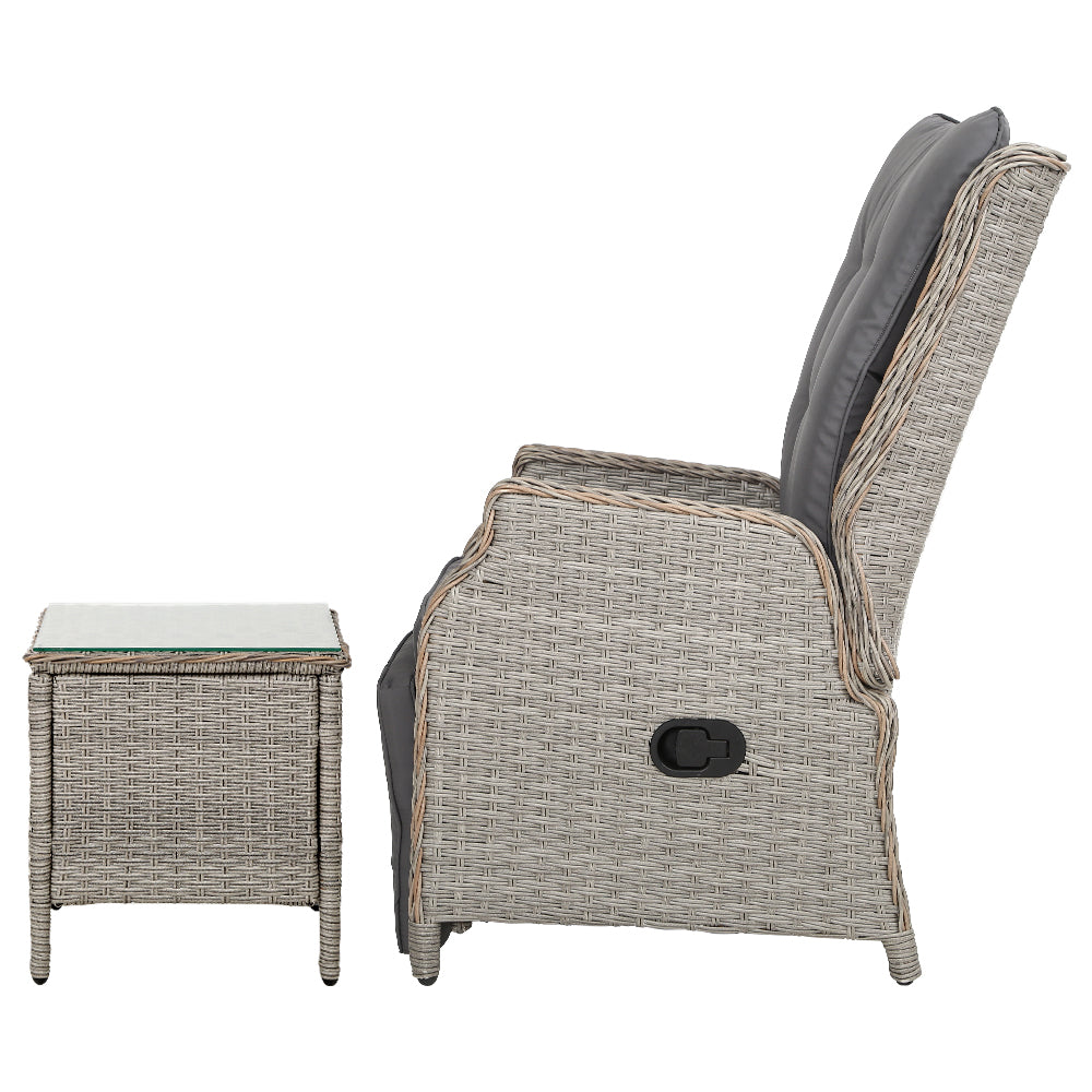 Gardeon 3PC Recliner Chairs Table Sun lounge Outdoor Furniture Wicker Adjustable Grey - TRENDZ