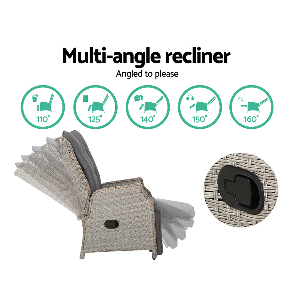 Gardeon 3PC Recliner Chairs Table Sun lounge Outdoor Furniture Wicker Adjustable Grey - TRENDZ