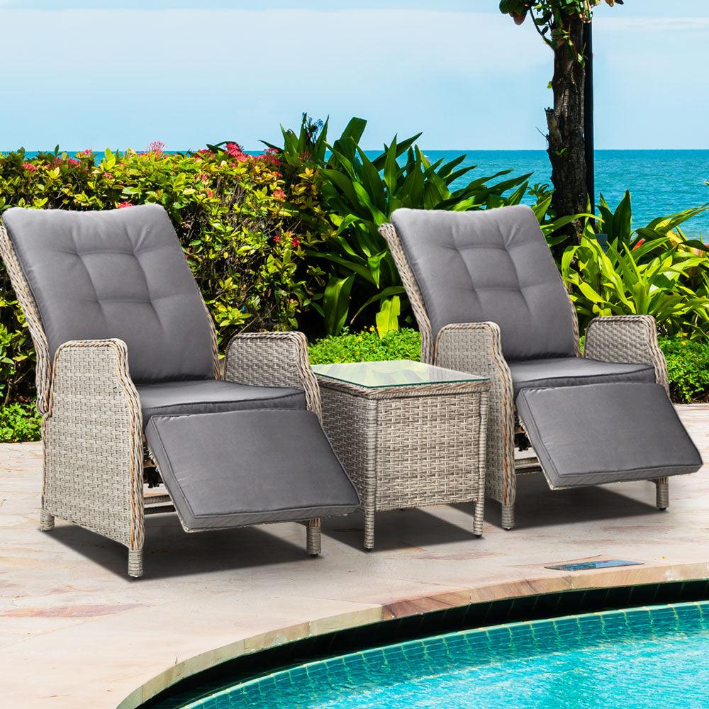 Gardeon 3PC Recliner Chairs Table Sun lounge Outdoor Furniture Wicker Adjustable Grey - TRENDZ