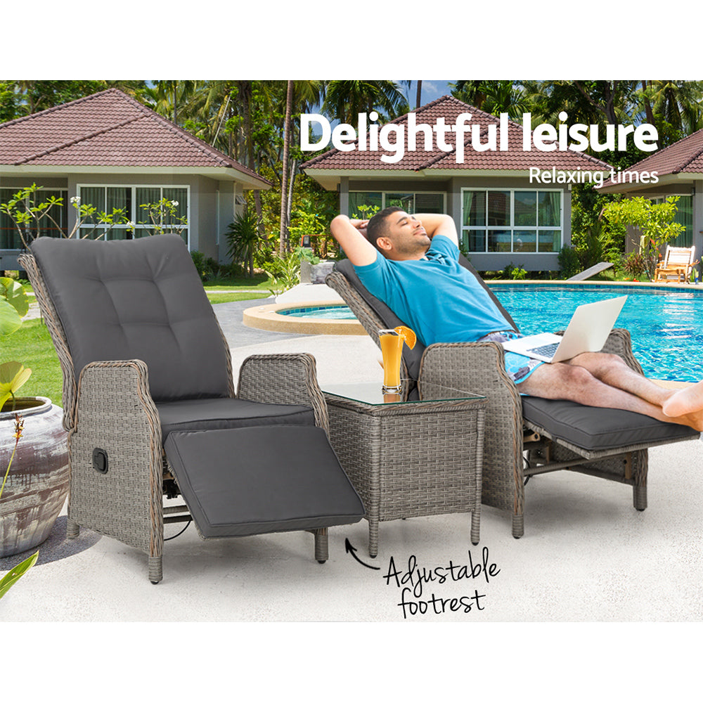Gardeon 3PC Recliner Chairs Table Sun lounge Outdoor Furniture Wicker Adjustable Grey - TRENDZ