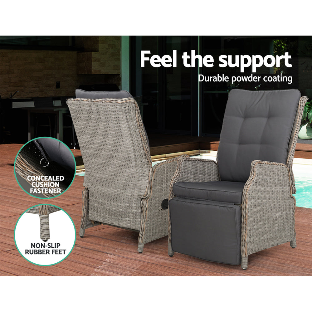 Gardeon 3PC Recliner Chairs Table Sun lounge Outdoor Furniture Wicker Adjustable Grey - TRENDZ