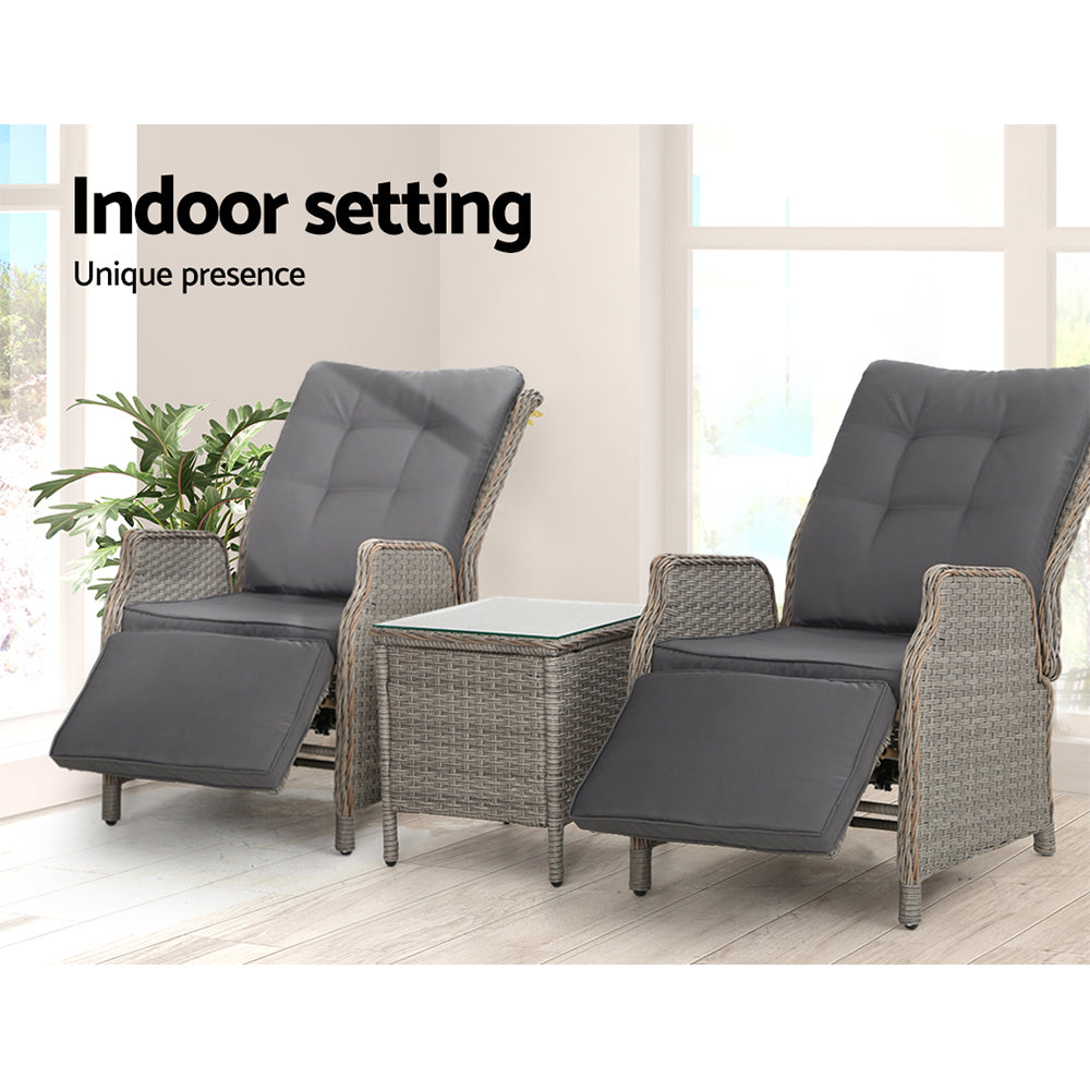 Gardeon 3PC Recliner Chairs Table Sun lounge Outdoor Furniture Wicker Adjustable Grey - TRENDZ
