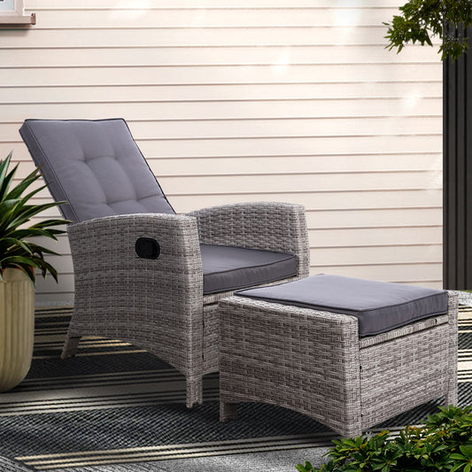 Gardeon Recliner Chair Sun lounge Wicker Lounger Outdoor Patio Furniture Adjustable Grey - TRENDZ