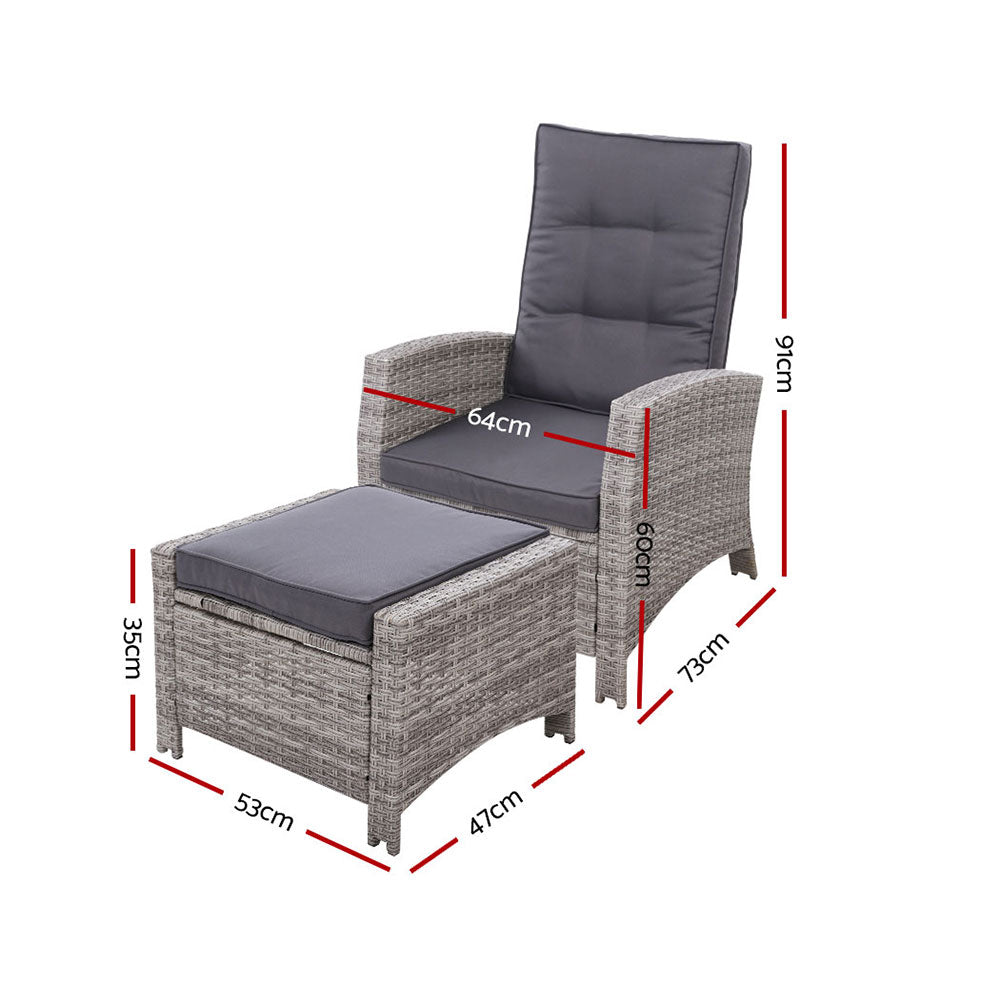 Gardeon Recliner Chair Sun lounge Wicker Lounger Outdoor Patio Furniture Adjustable Grey - TRENDZ