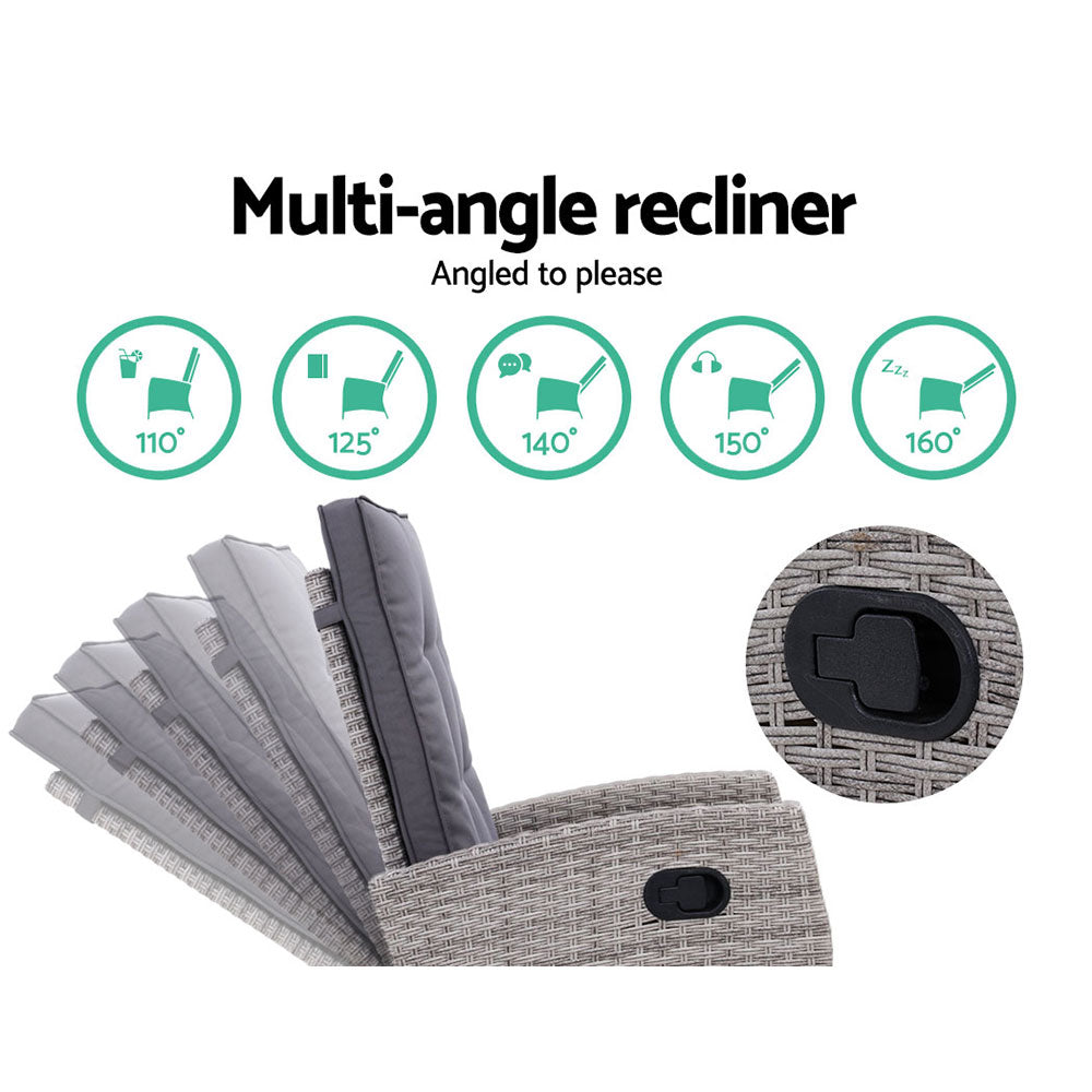 Gardeon Recliner Chair Sun lounge Wicker Lounger Outdoor Patio Furniture Adjustable Grey - TRENDZ