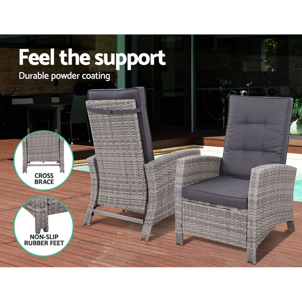 Gardeon Recliner Chair Sun lounge Wicker Lounger Outdoor Patio Furniture Adjustable Grey - TRENDZ