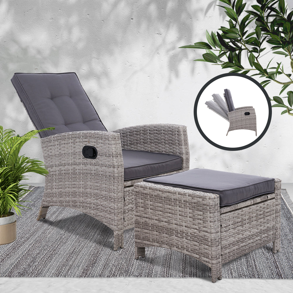 Gardeon Recliner Chair Sun lounge Wicker Lounger Outdoor Patio Furniture Adjustable Grey - TRENDZ