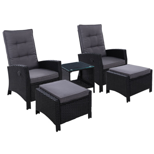 Gardeon 5PC Recliner Chairs Table Sun lounge Wicker Outdoor Furniture Adjustable Black - TRENDZ
