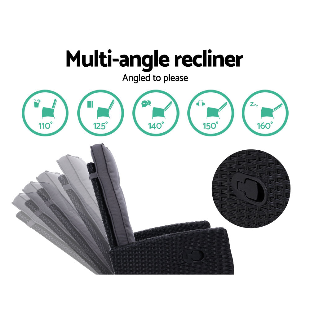 Gardeon 5PC Recliner Chairs Table Sun lounge Wicker Outdoor Furniture Adjustable Black - TRENDZ