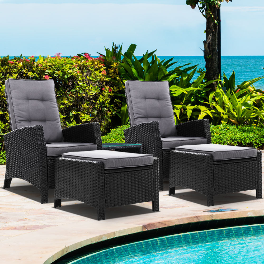 Gardeon 5PC Recliner Chairs Table Sun lounge Wicker Outdoor Furniture Adjustable Black - TRENDZ