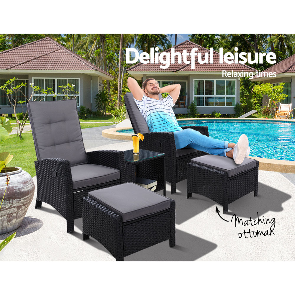 Gardeon 5PC Recliner Chairs Table Sun lounge Wicker Outdoor Furniture Adjustable Black - TRENDZ
