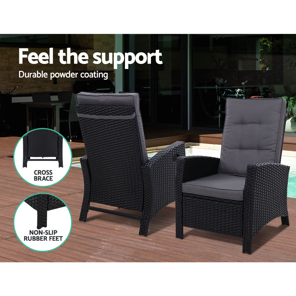 Gardeon 5PC Recliner Chairs Table Sun lounge Wicker Outdoor Furniture Adjustable Black - TRENDZ
