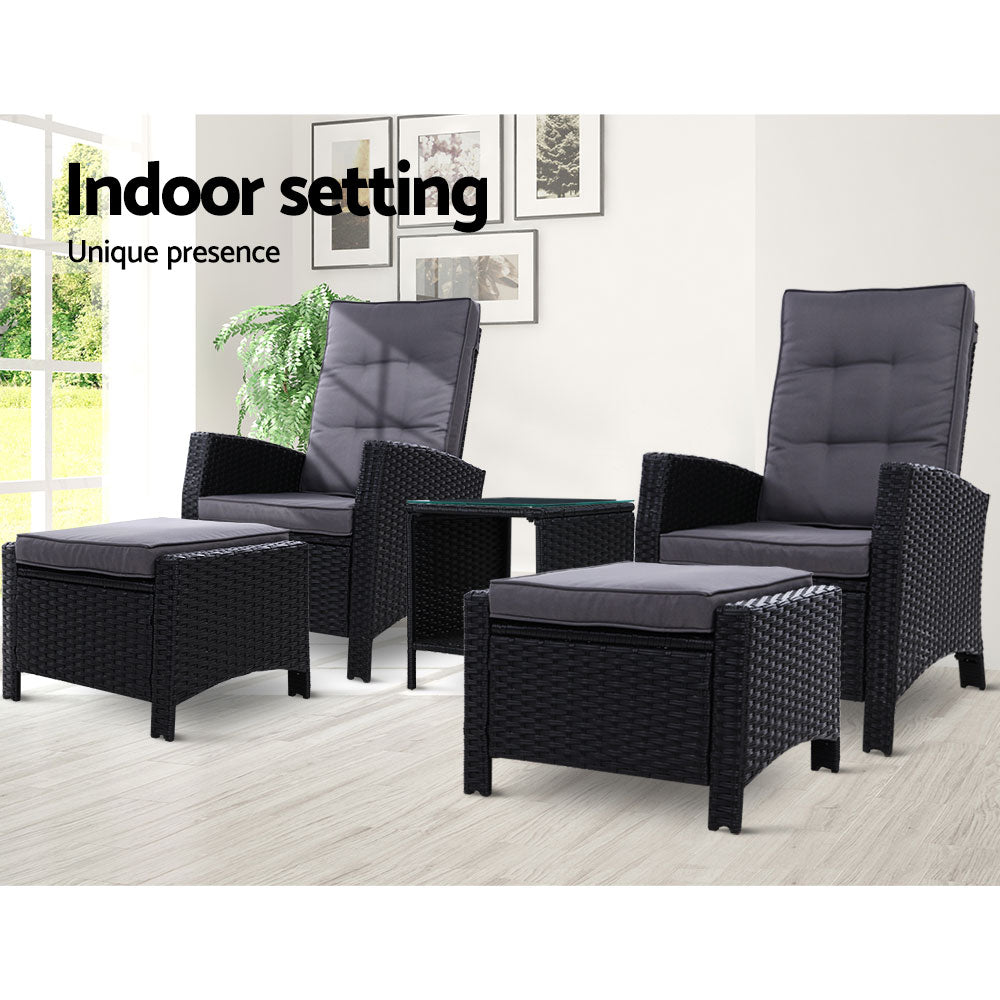 Gardeon 5PC Recliner Chairs Table Sun lounge Wicker Outdoor Furniture Adjustable Black - TRENDZ
