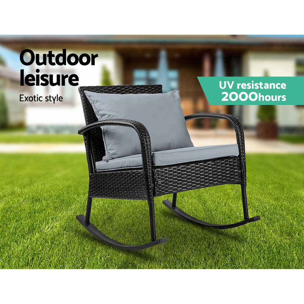Gardeon Outdoor Furniture Rocking Chair Wicker Garden Patio Lounge Setting Black - TRENDZ