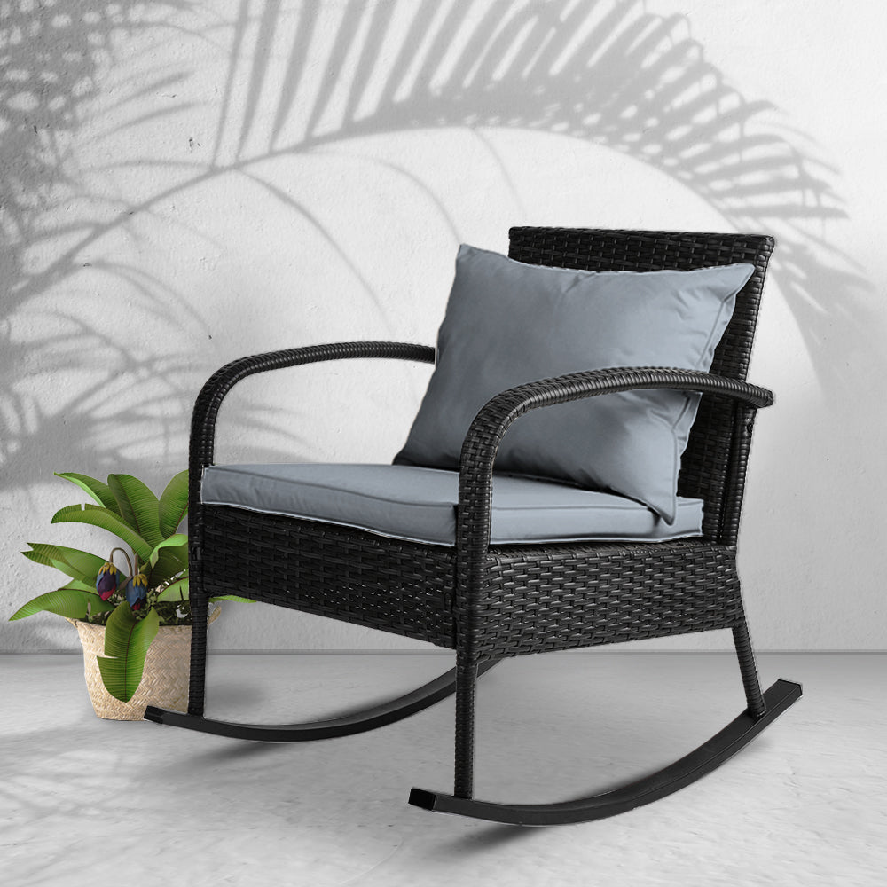 Gardeon Outdoor Furniture Rocking Chair Wicker Garden Patio Lounge Setting Black - TRENDZ