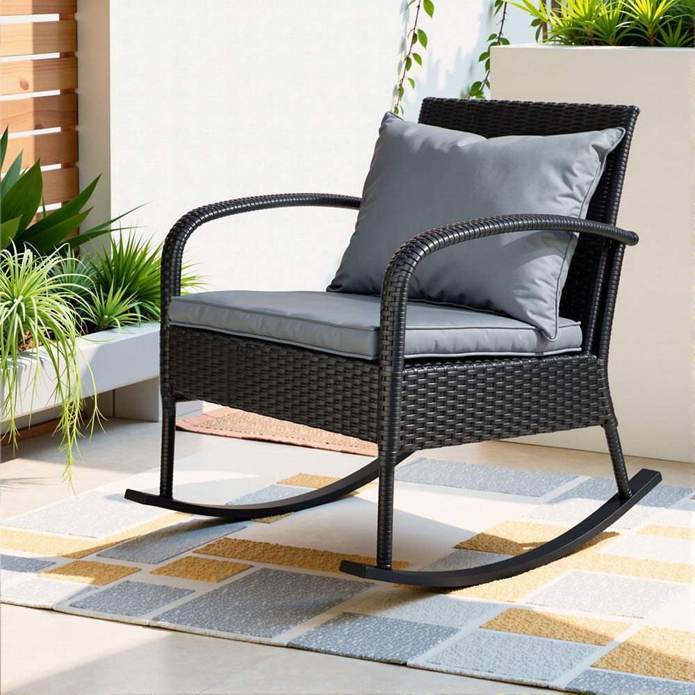 Gardeon Outdoor Furniture Rocking Chair Wicker Garden Patio Lounge Setting Black - TRENDZ