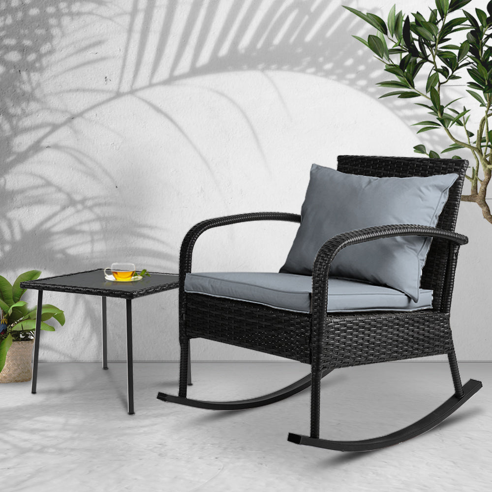 Gardeon 2PC Rocking Chair Table Wicker Outdoor Furniture Patio Lounge Setting - TRENDZ