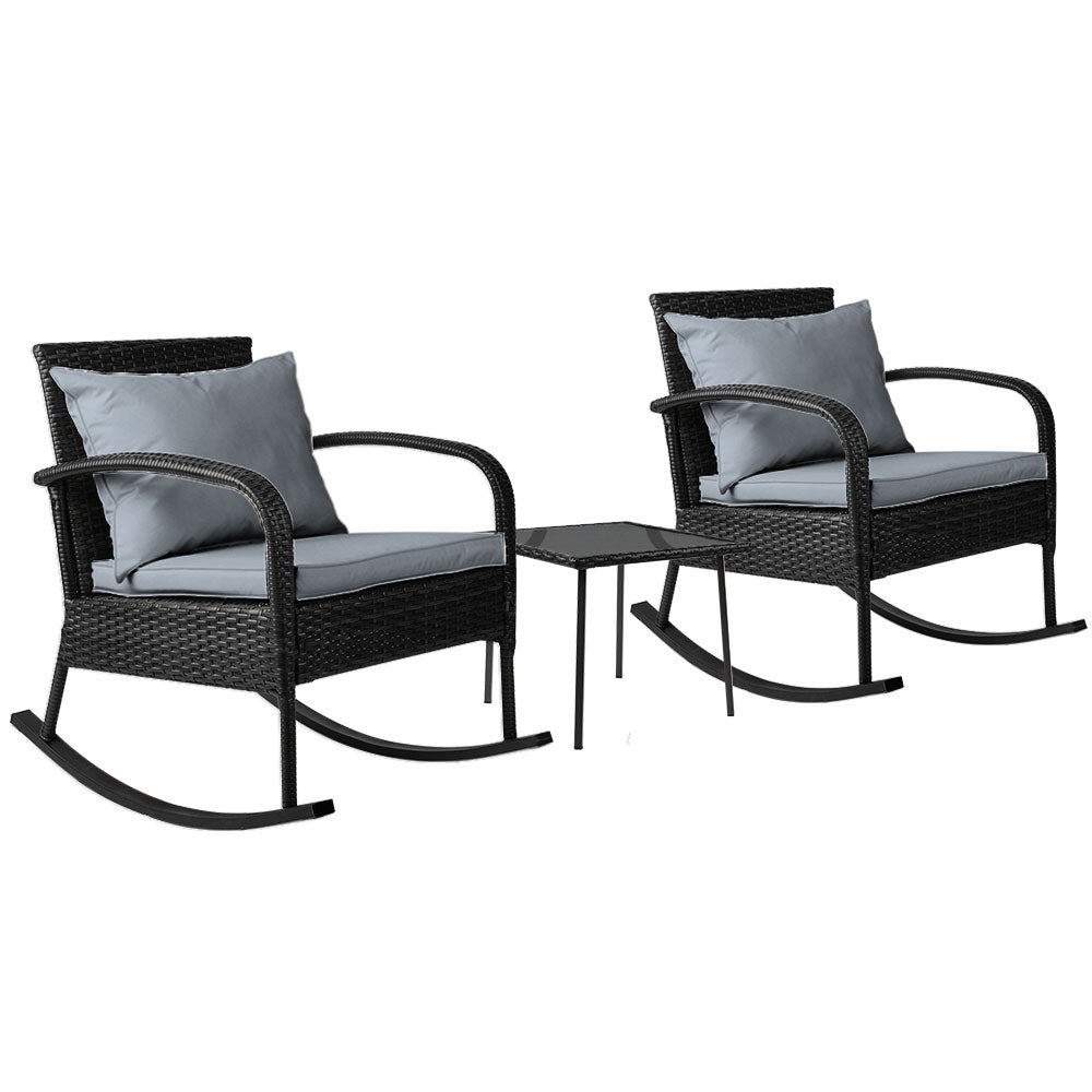 Gardeon 3PC Rocking Chair Table Wicker Outdoor Furniture Patio Bistro Set Black - TRENDZ