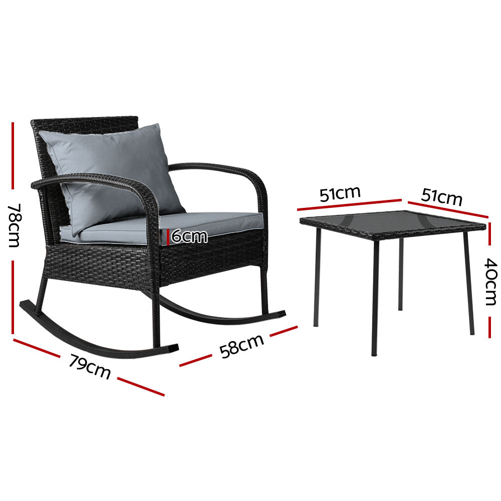 Gardeon 3PC Rocking Chair Table Wicker Outdoor Furniture Patio Bistro Set Black - TRENDZ