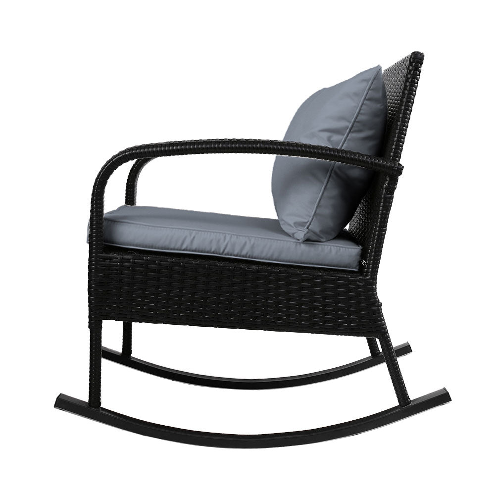 Gardeon 3PC Rocking Chair Table Wicker Outdoor Furniture Patio Bistro Set Black - TRENDZ