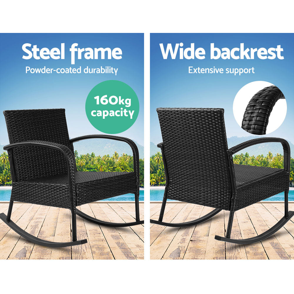 Gardeon 3PC Rocking Chair Table Wicker Outdoor Furniture Patio Bistro Set Black - TRENDZ