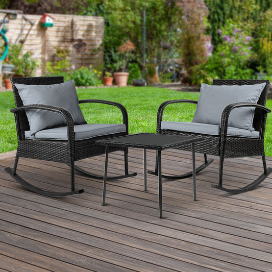 Gardeon 3PC Rocking Chair Table Wicker Outdoor Furniture Patio Bistro Set Black - TRENDZ