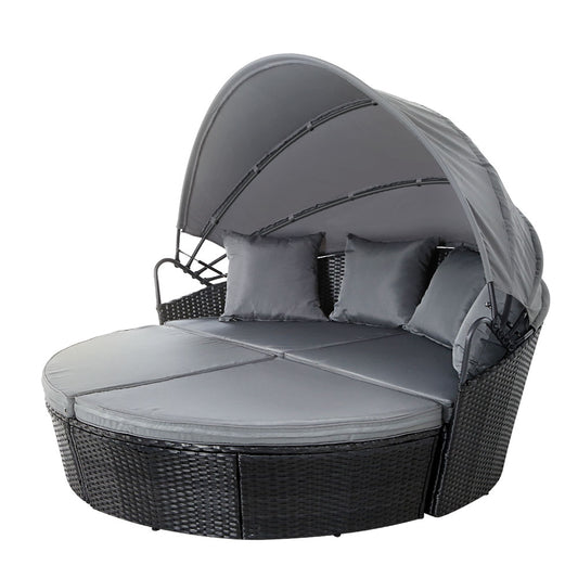 Gardeon Sun Lounge Setting Wicker Lounger Day Bed Outdoor Furniture Patio Black - TRENDZ