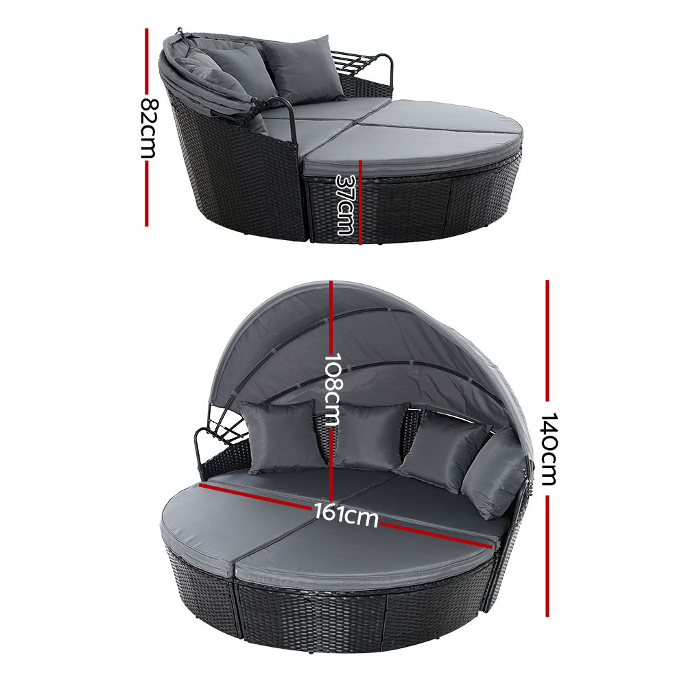 Gardeon Sun Lounge Setting Wicker Lounger Day Bed Outdoor Furniture Patio Black - TRENDZ