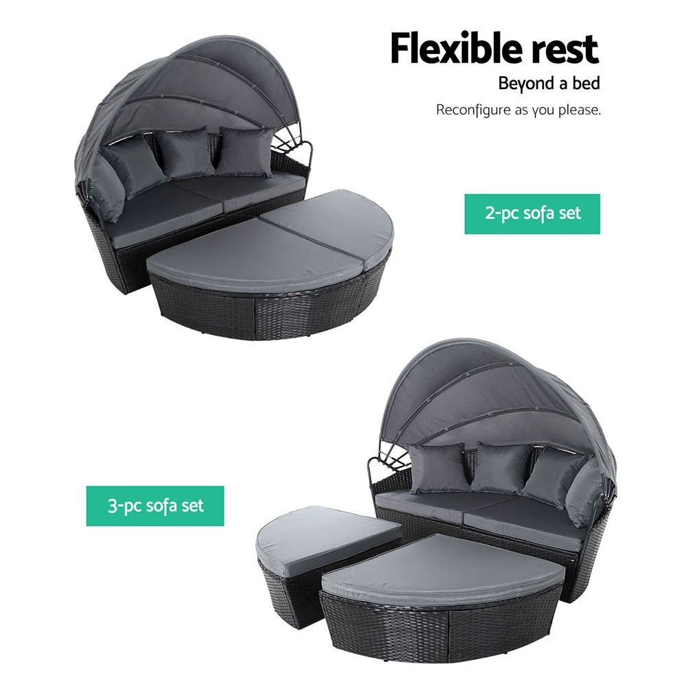 Gardeon Sun Lounge Setting Wicker Lounger Day Bed Outdoor Furniture Patio Black - TRENDZ