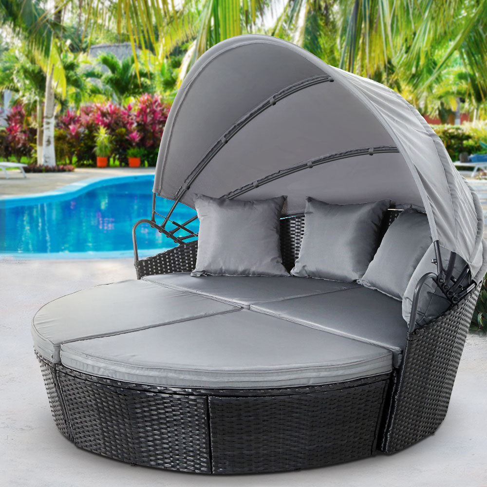 Gardeon Sun Lounge Setting Wicker Lounger Day Bed Outdoor Furniture Patio Black - TRENDZ