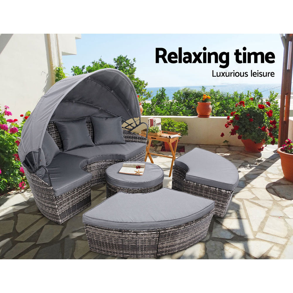 Gardeon Sun Lounge Setting Wicker Lounger Day Bed Patio Outdoor Furniture Grey - TRENDZ