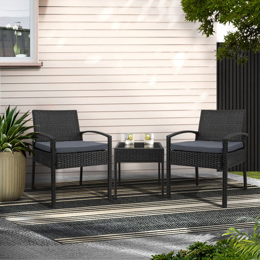 Gardeon 3PC Patio Furniture Bistro Set Wicker Outdoor Lounge Setting Black - TRENDZ