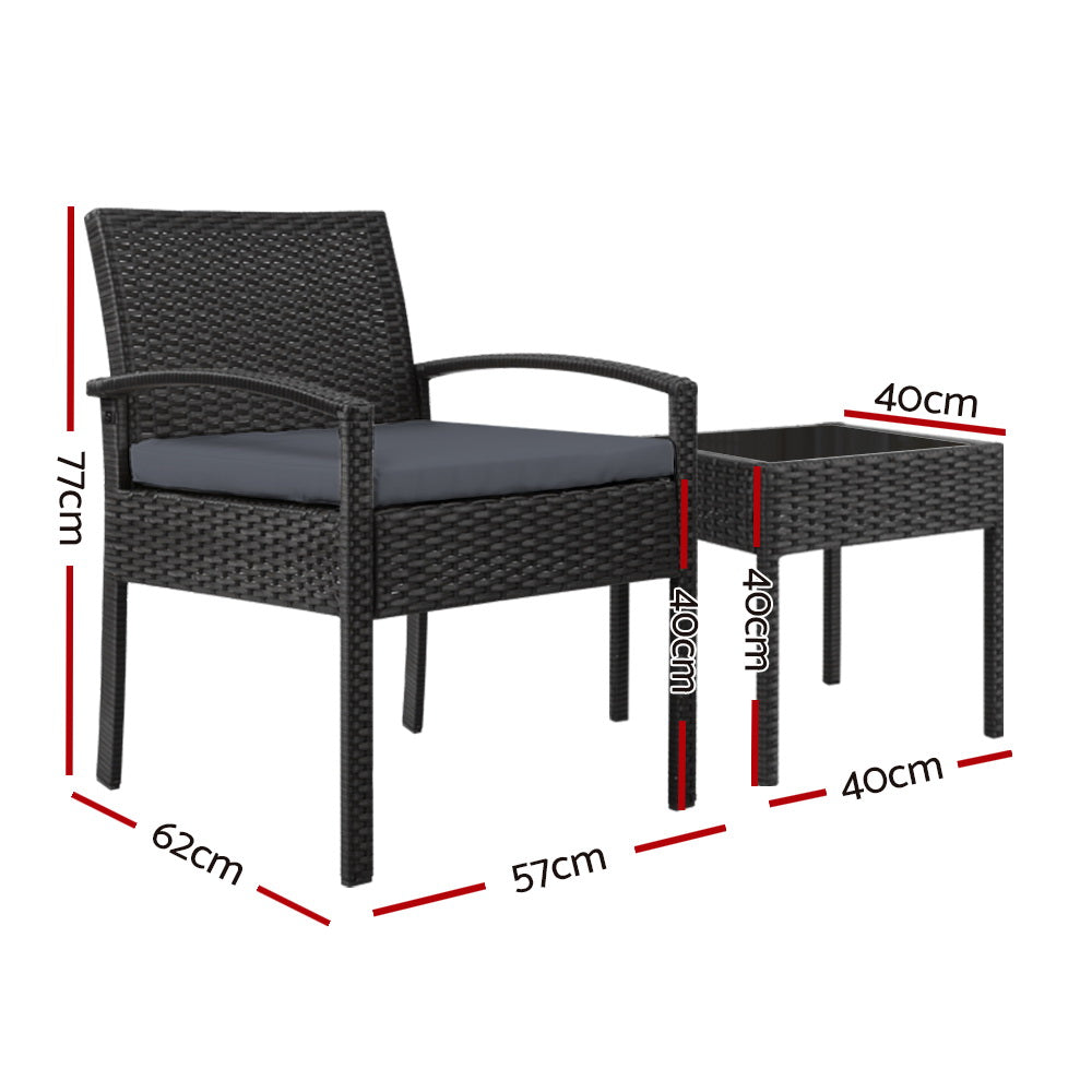 Gardeon 3PC Patio Furniture Bistro Set Wicker Outdoor Lounge Setting Black - TRENDZ
