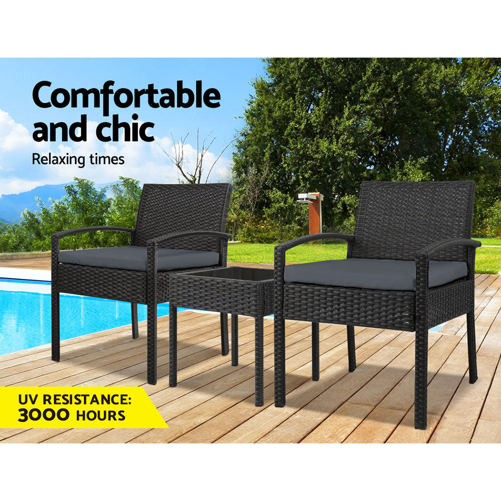Gardeon 3PC Patio Furniture Bistro Set Wicker Outdoor Lounge Setting Black - TRENDZ