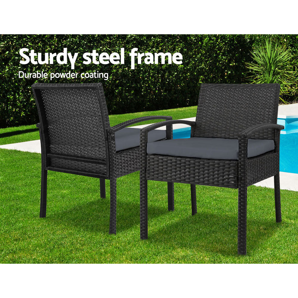 Gardeon 3PC Patio Furniture Bistro Set Wicker Outdoor Lounge Setting Black - TRENDZ