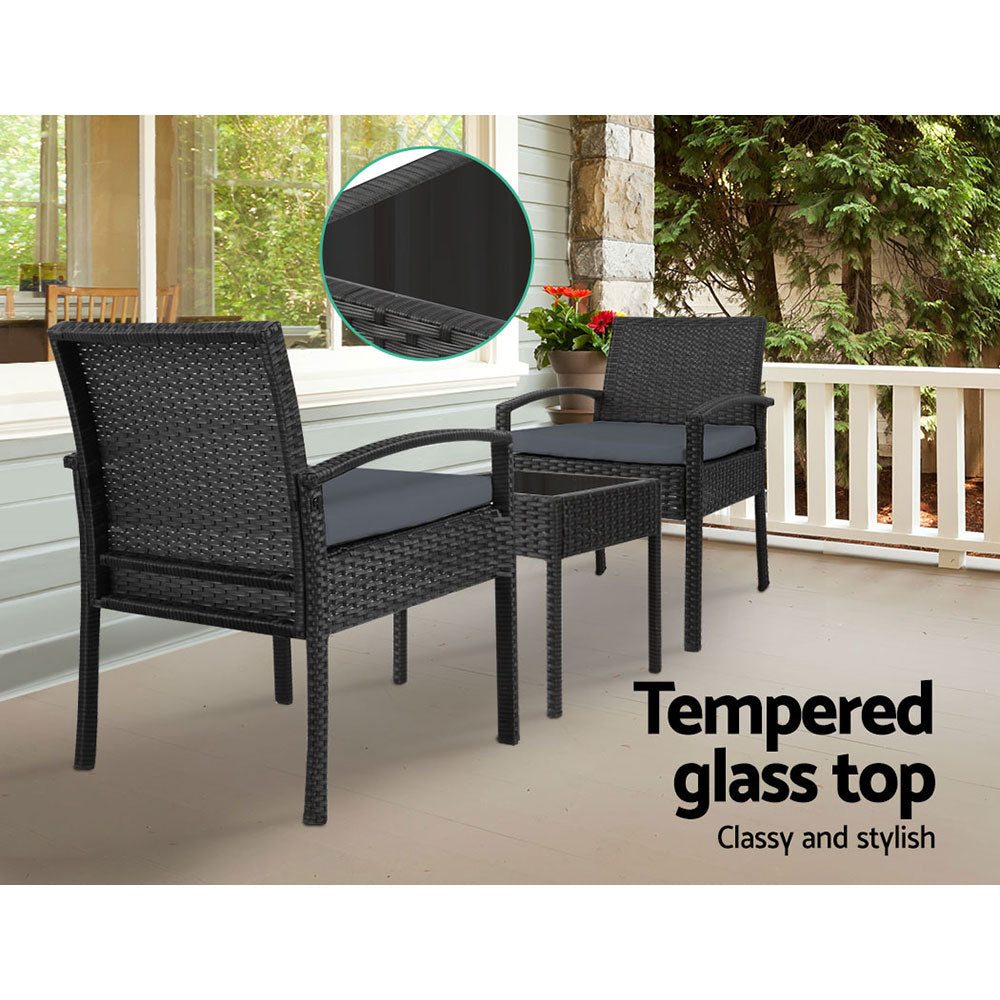 Gardeon 3PC Patio Furniture Bistro Set Wicker Outdoor Lounge Setting Black - TRENDZ